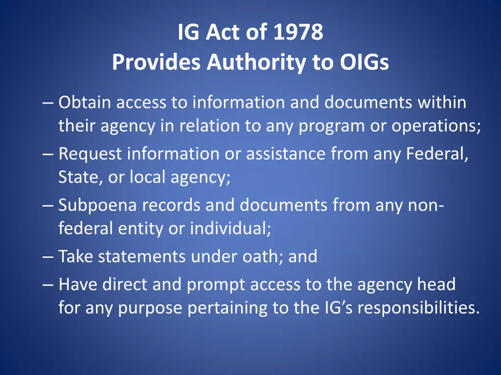 ig act of 1978 provides authority to oigs