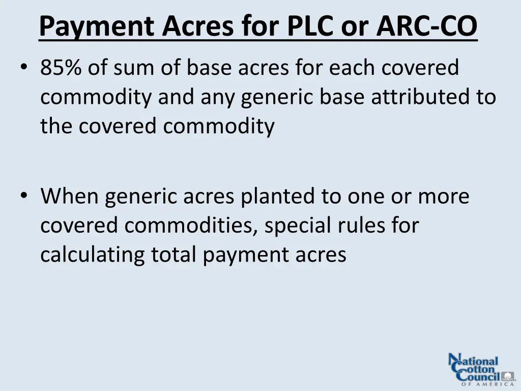 payment acres for plc or arc co 85 of sum of base
