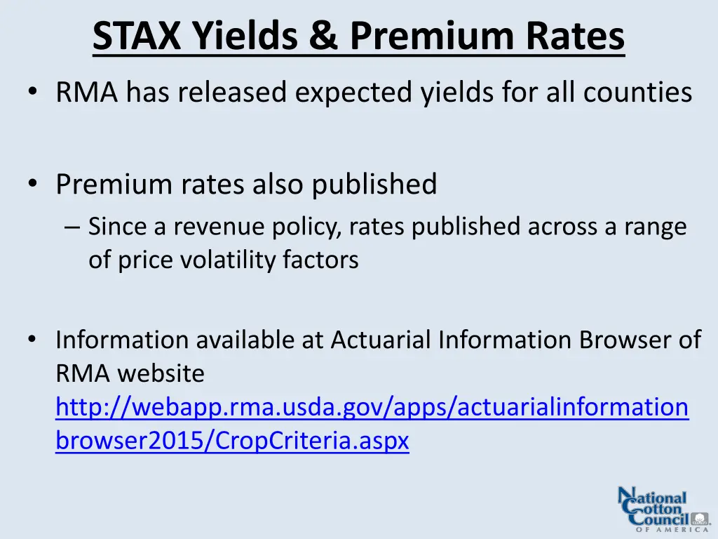 stax yields premium rates rma has released