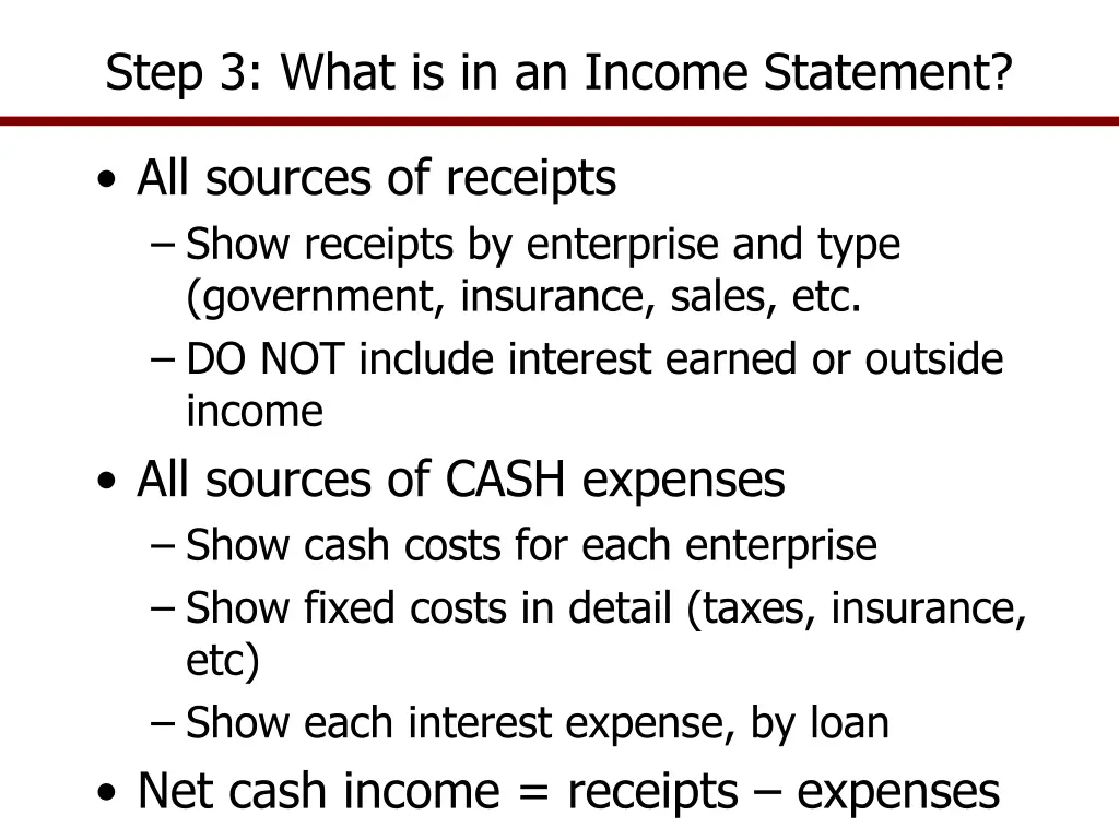 step 3 what is in an income statement