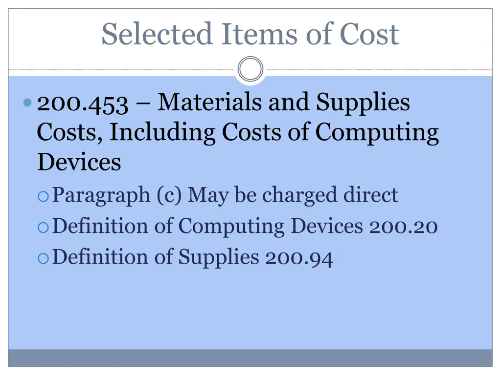 selected items of cost 18