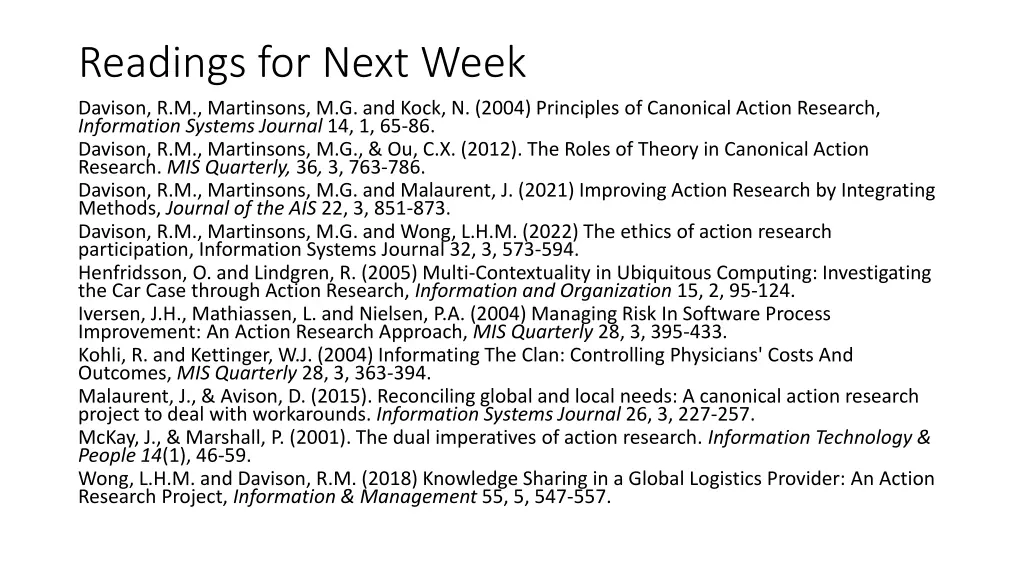 readings for next week davison r m martinsons