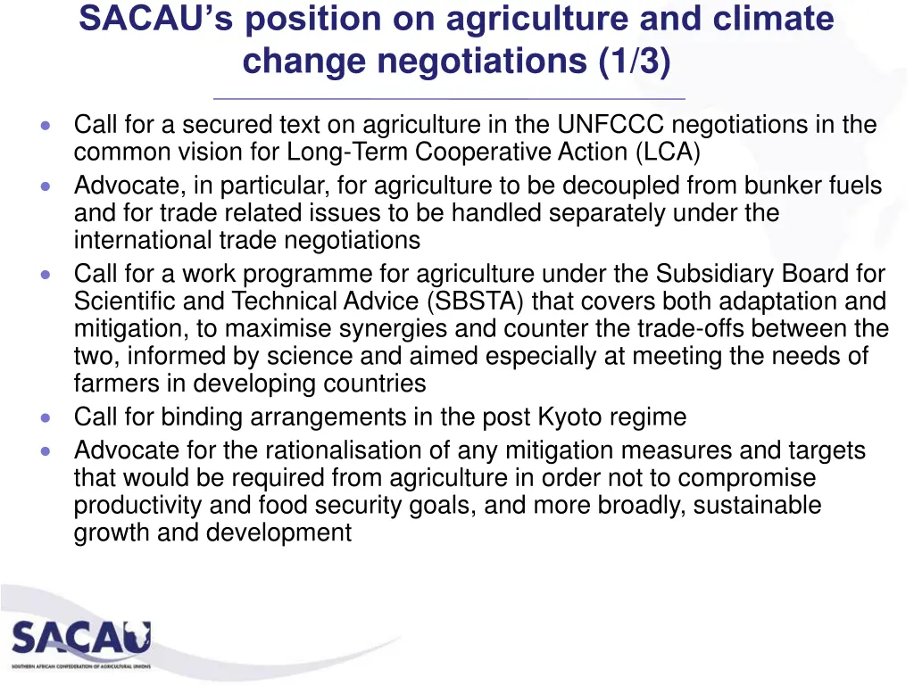 sacau s position on agriculture and climate