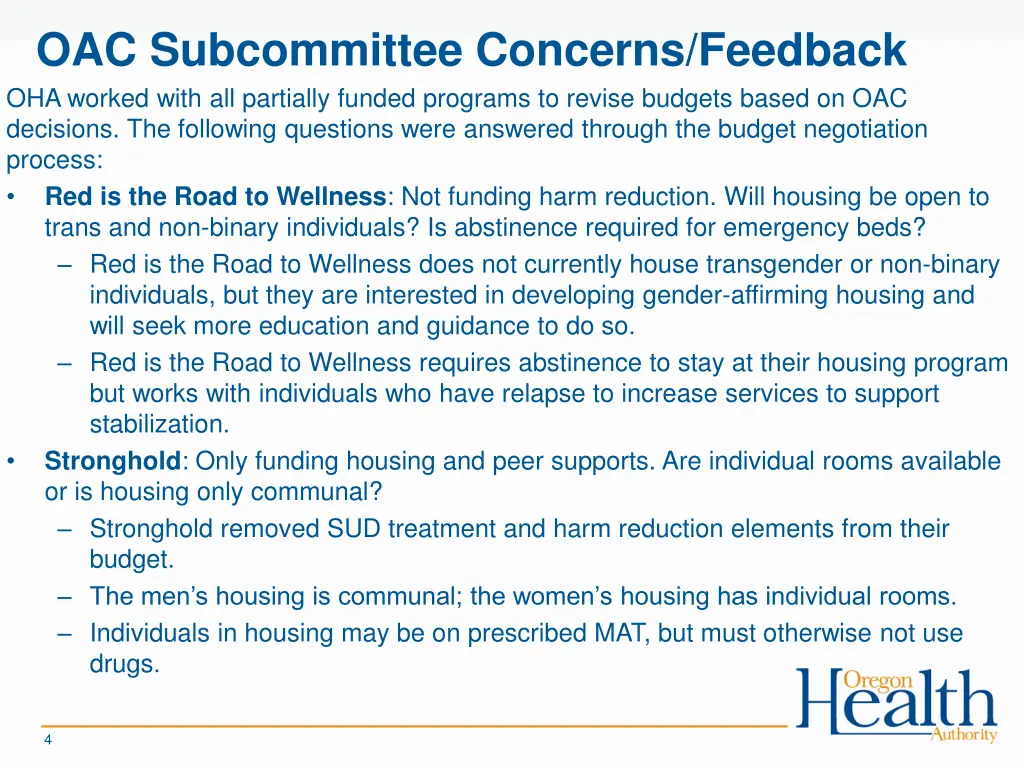 oac subcommittee concerns feedback oha worked
