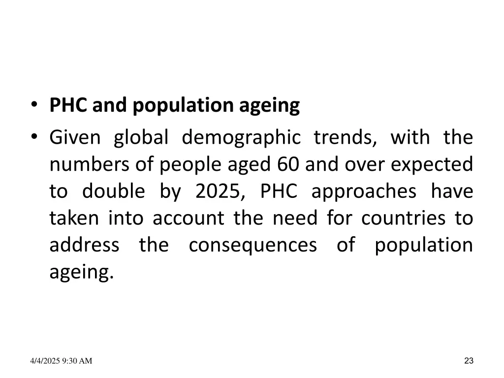 phc and population ageing given global