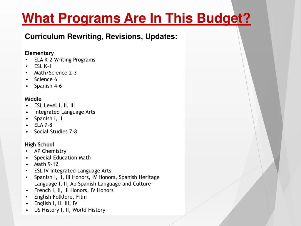 what programs are in this budget 2