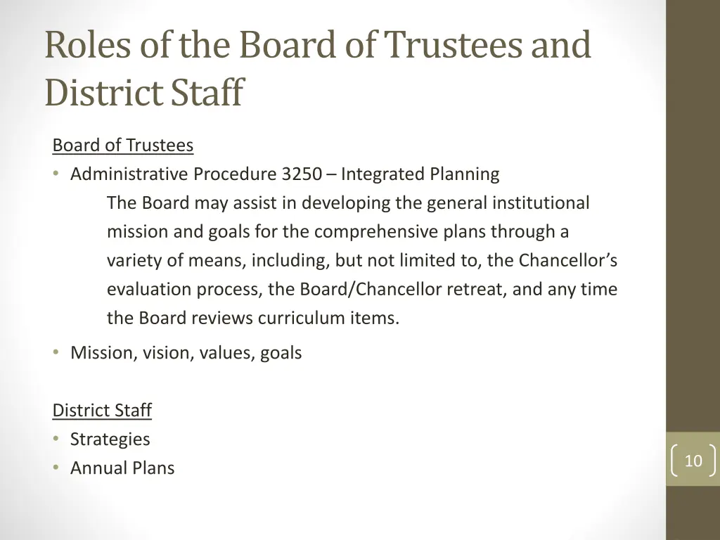 roles of the board of trustees and district staff