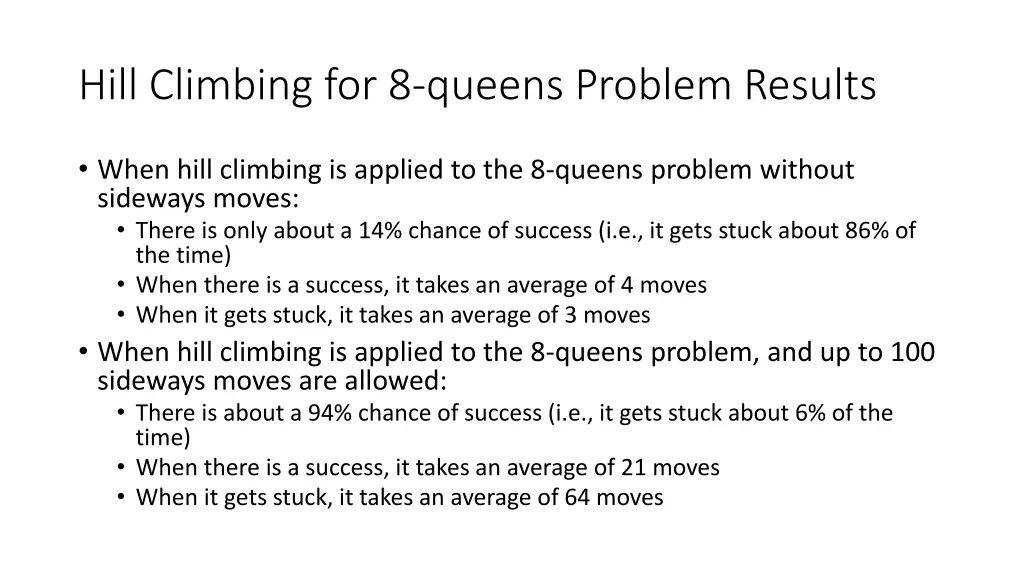 hill climbing for 8 queens problem results