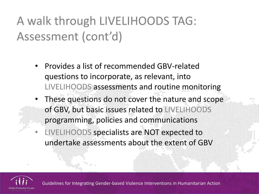 a walk through livelihoods tag assessment cont d