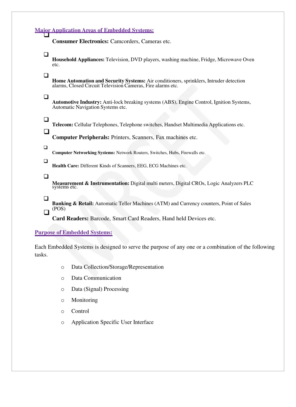 major application areas of embedded systems