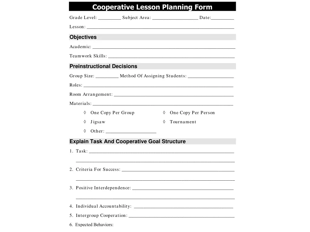 cooperative lesson planning form