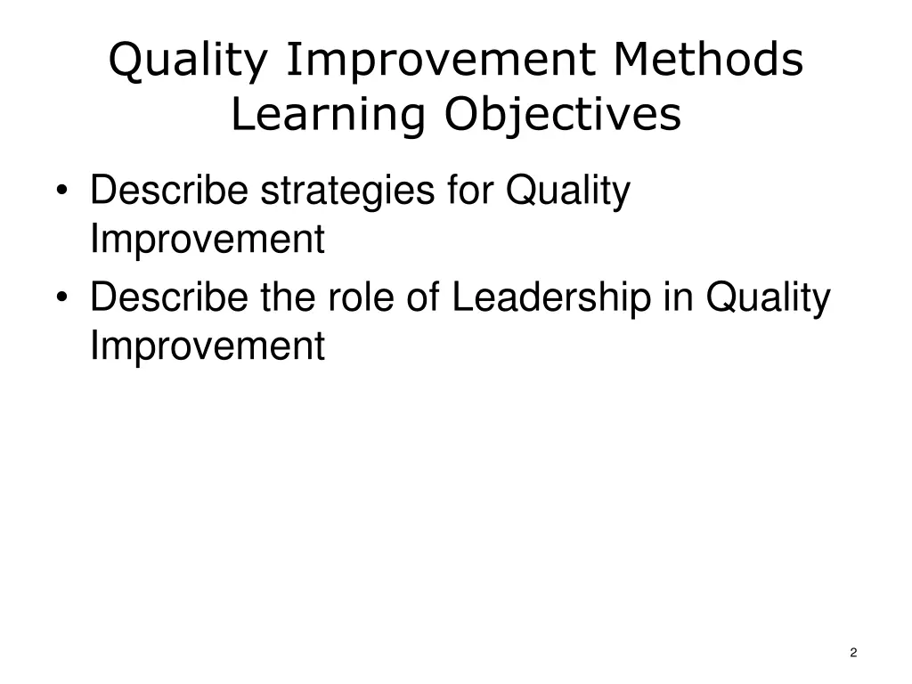 quality improvement methods learning objectives