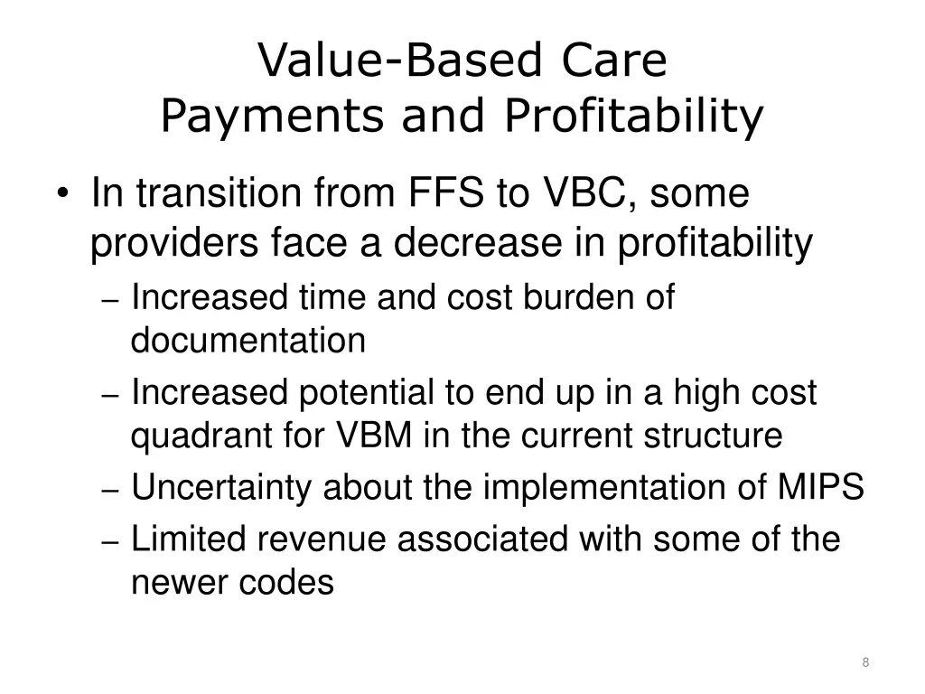value based care payments and profitability