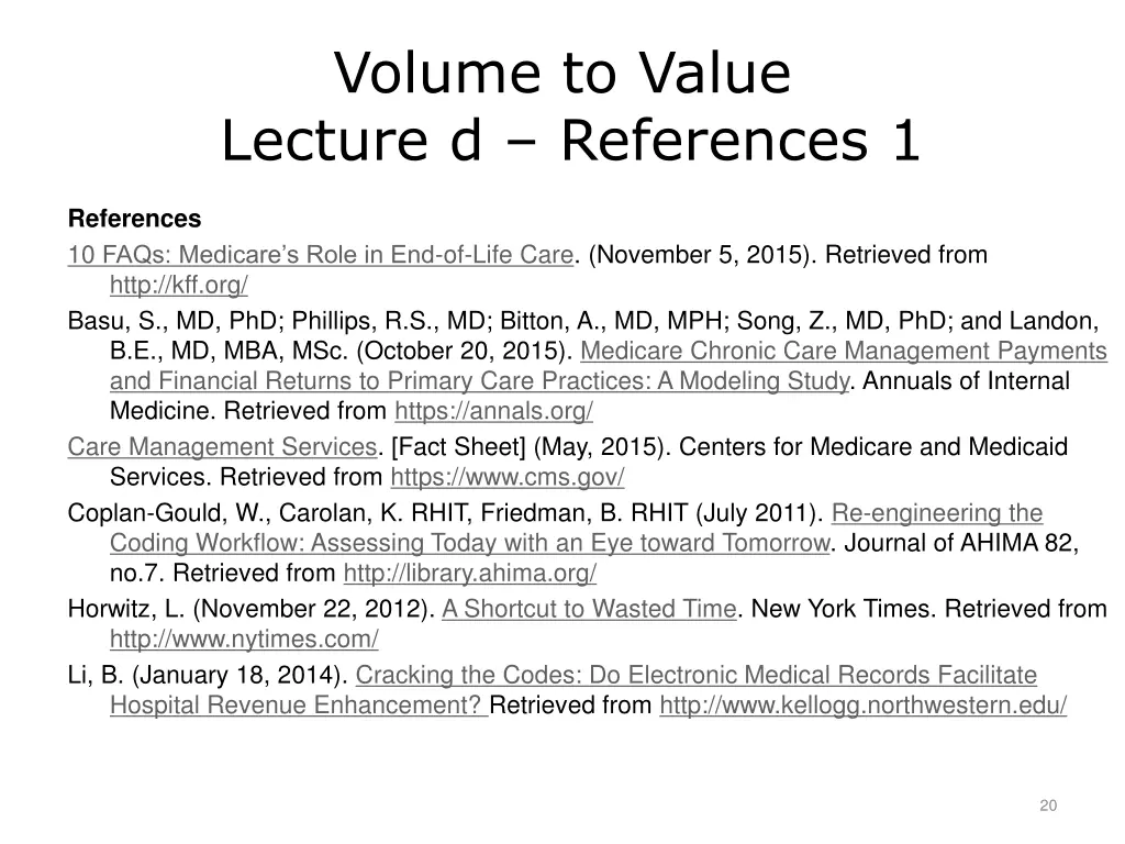 volume to value lecture d references 1