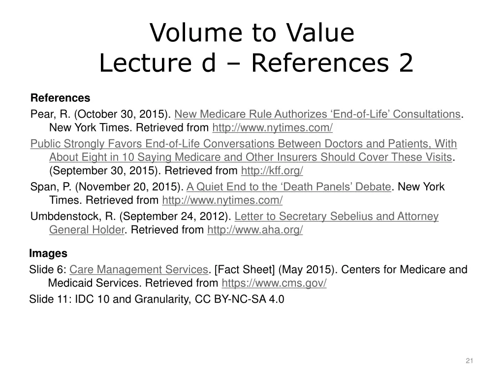 volume to value lecture d references 2