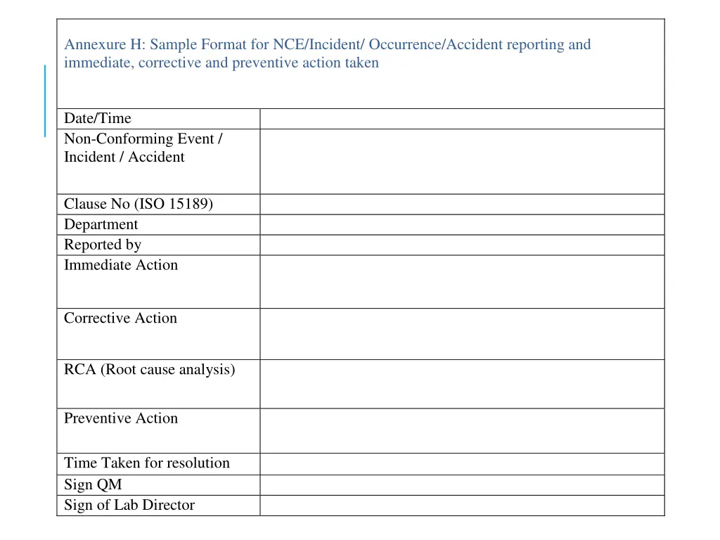 annexure h sample format for nce incident