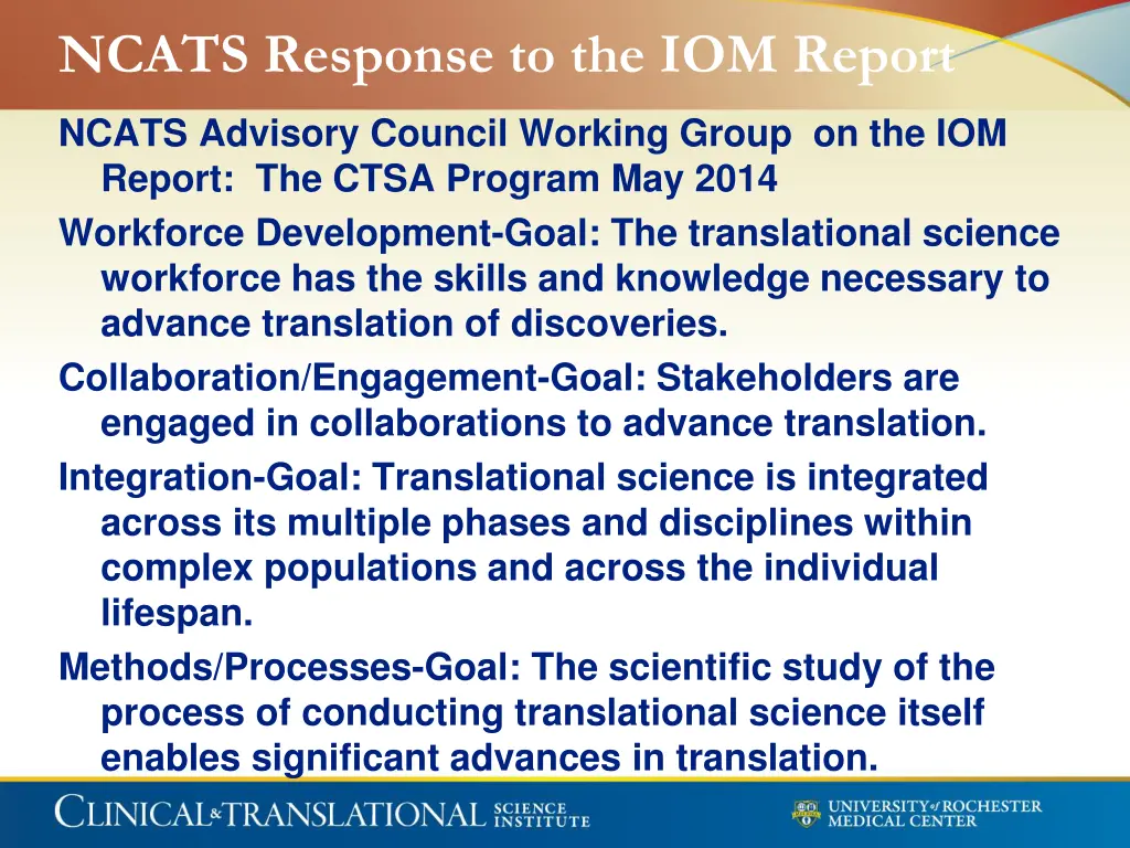ncats response to the iom report