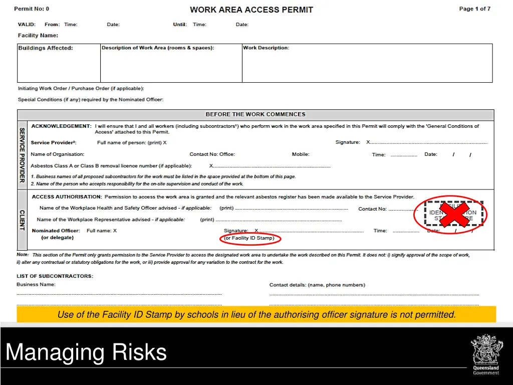 use of the facility id stamp by schools in lieu