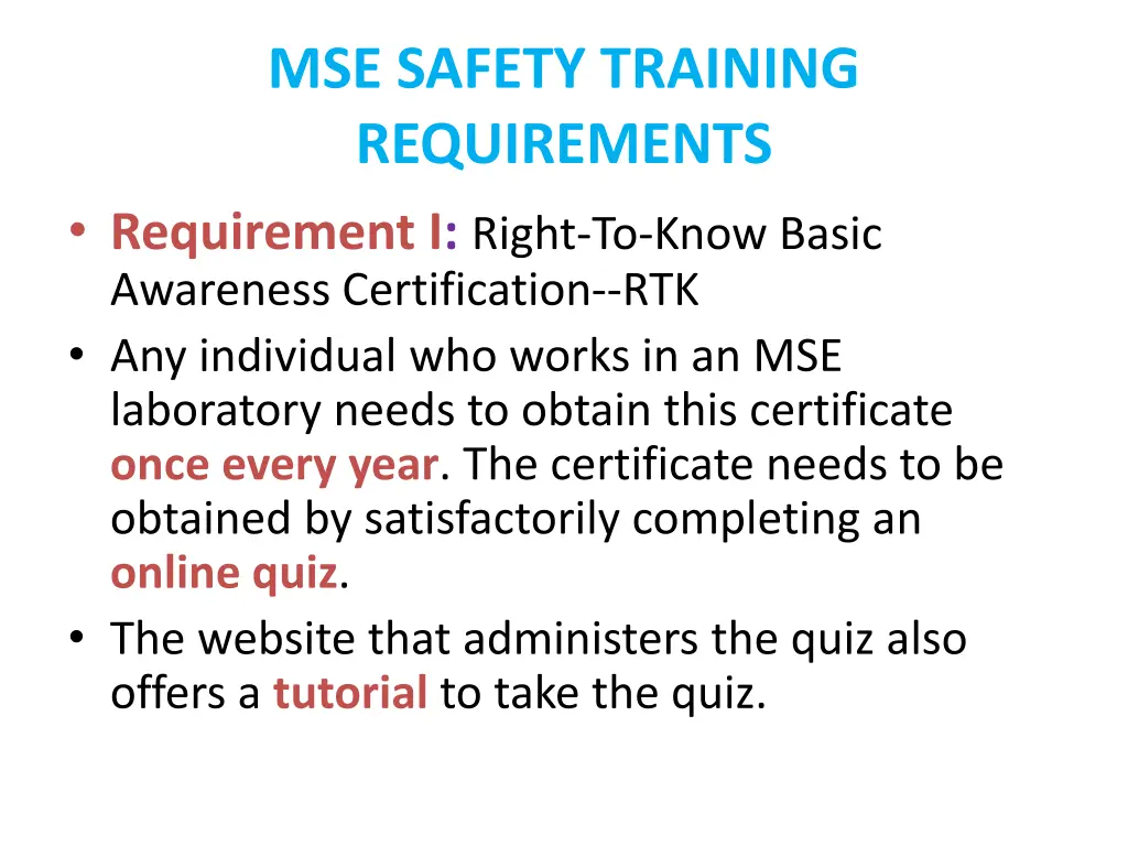 mse safety training requirements requirement