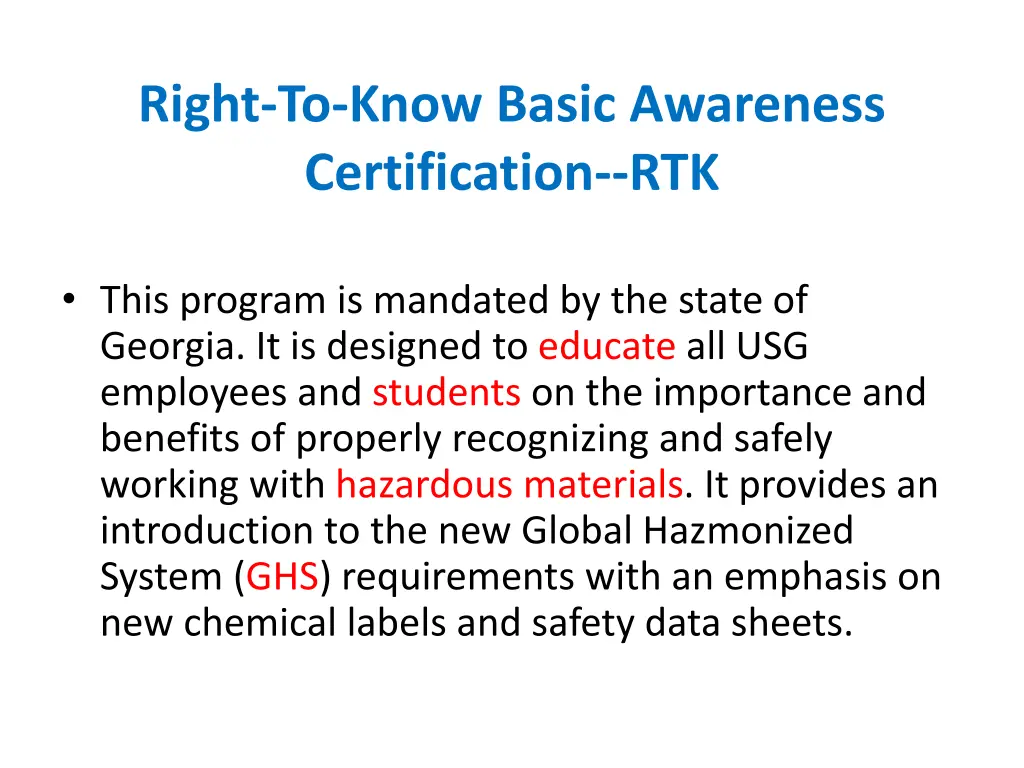 right to know basic awareness certification rtk