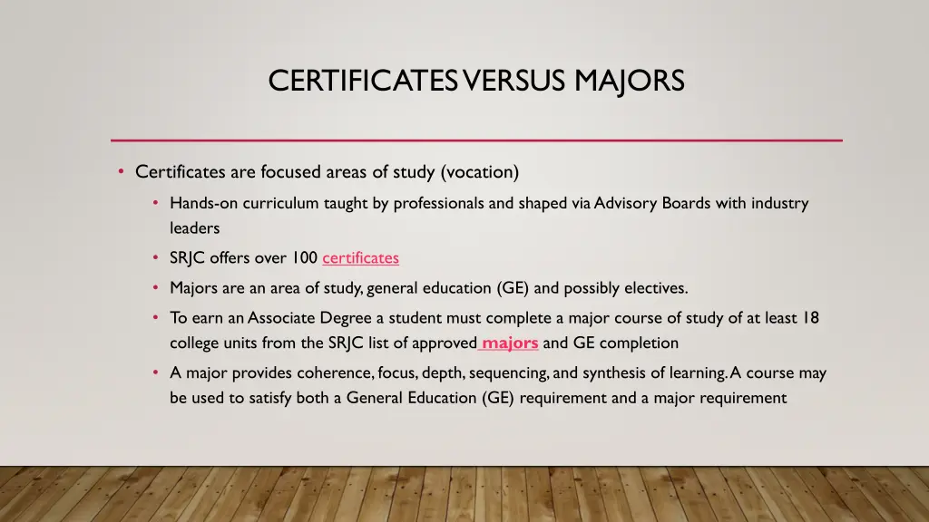 certificates versus majors
