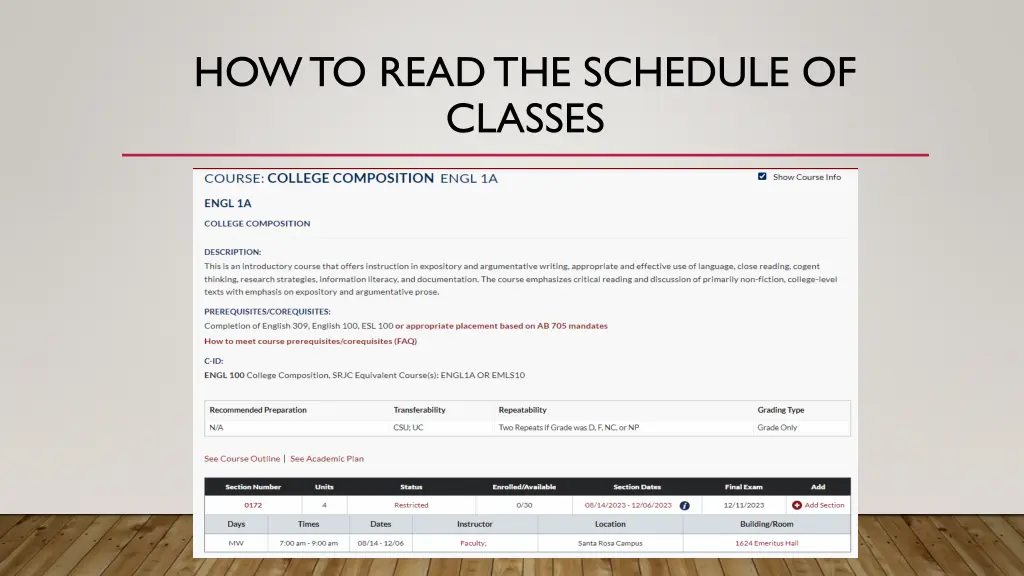 how to read the schedule of classes