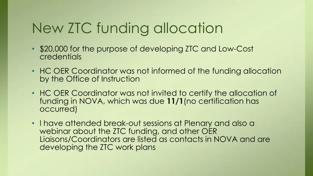 new ztc funding allocation