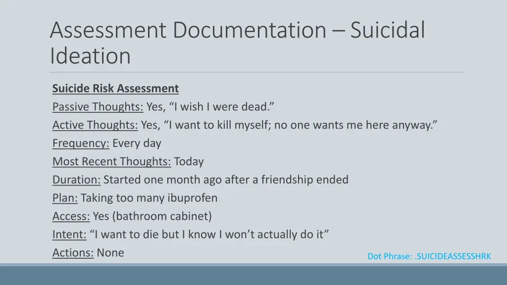 assessment documentation suicidal ideation