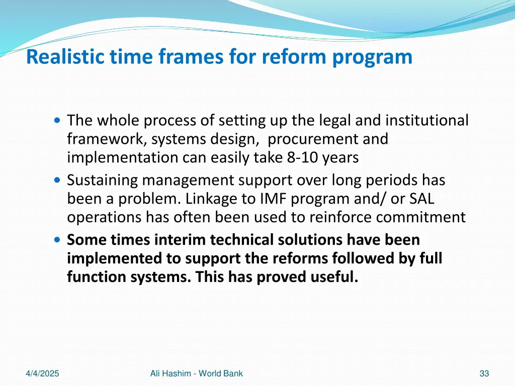 realistic time frames for reform program