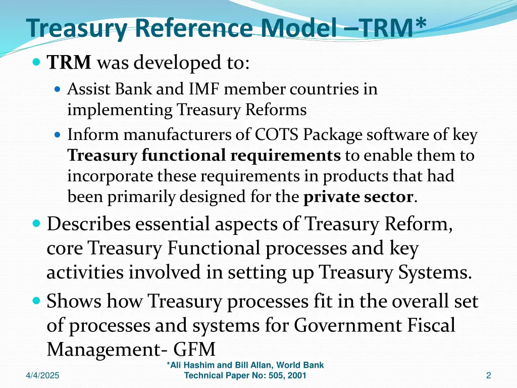 treasury reference model trm trm was developed to