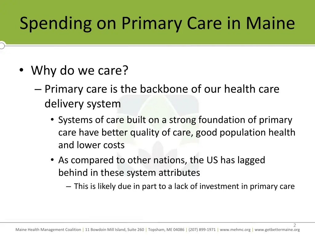 spending on primary care in maine