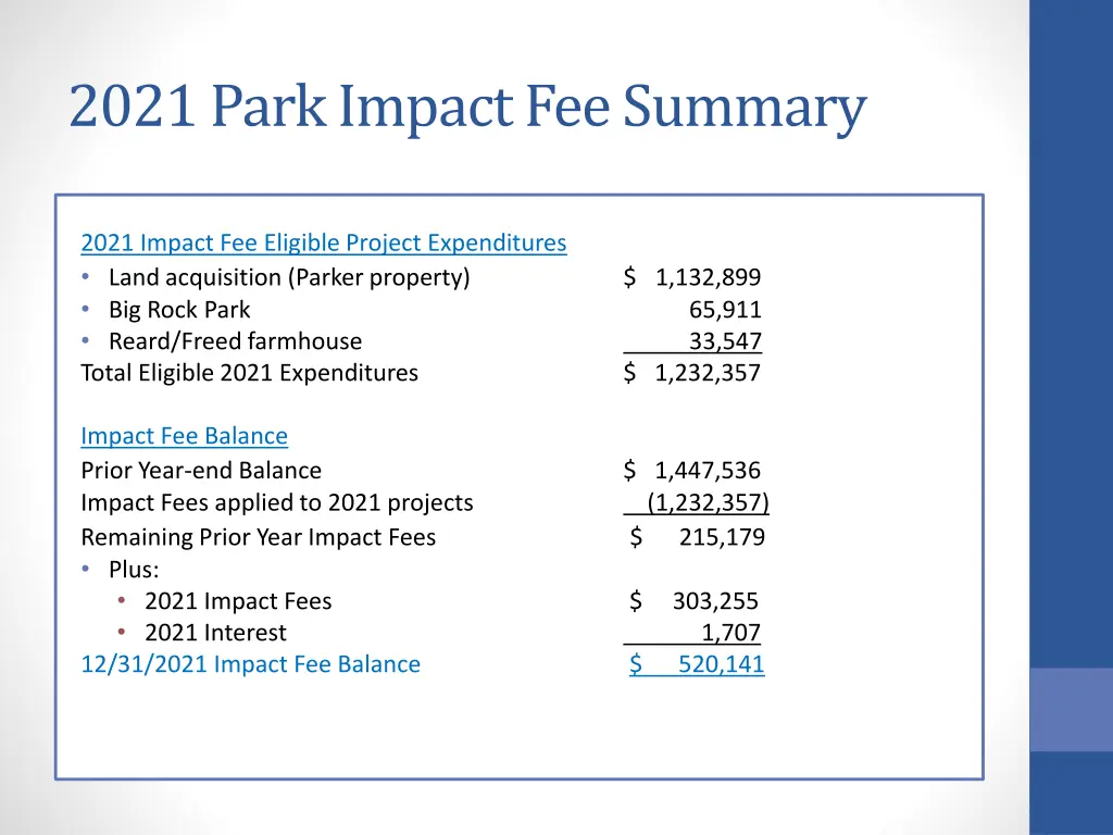 2021 park impact fee summary