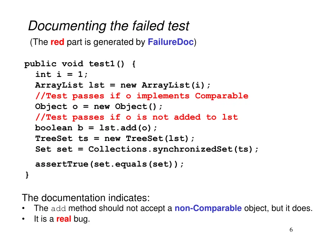 documenting the failed test the red part