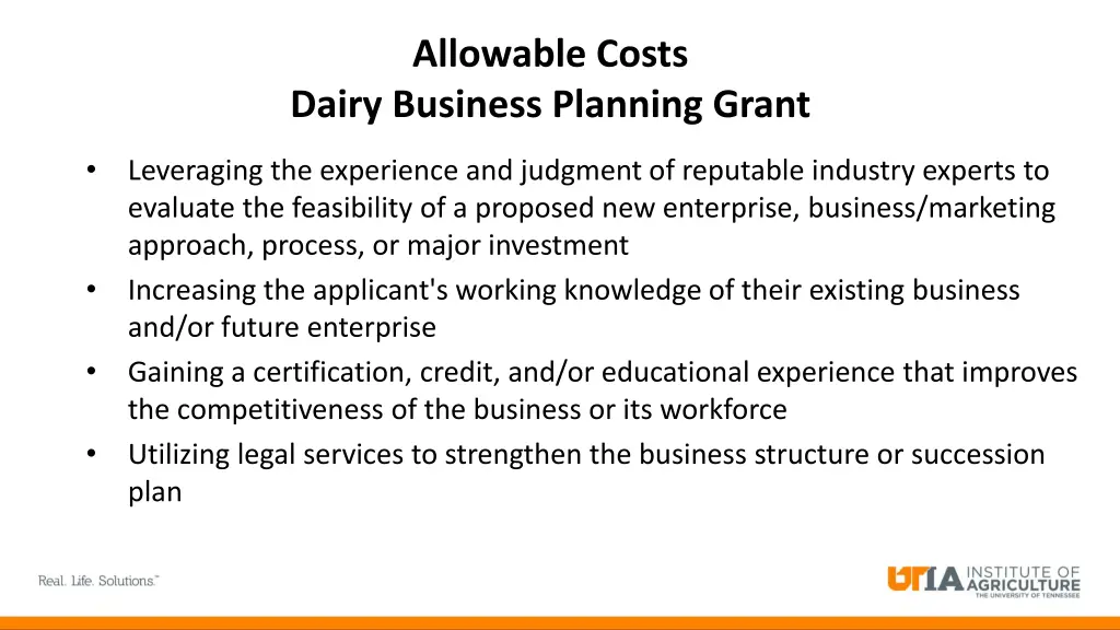 allowable costs dairy business planning grant