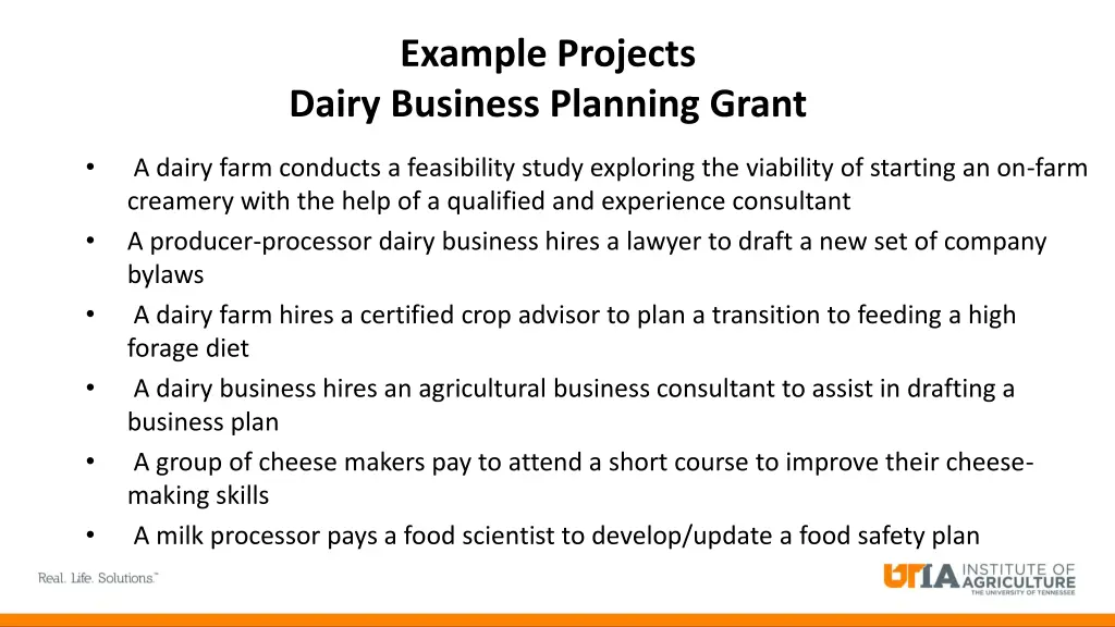 example projects dairy business planning grant