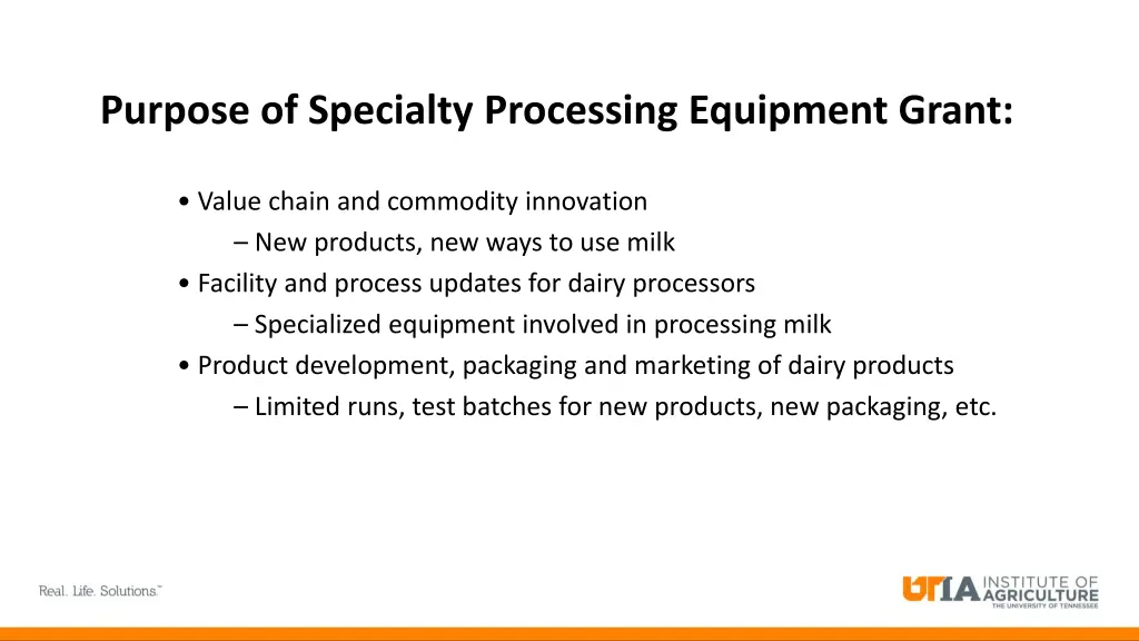 purpose of specialty processing equipment grant