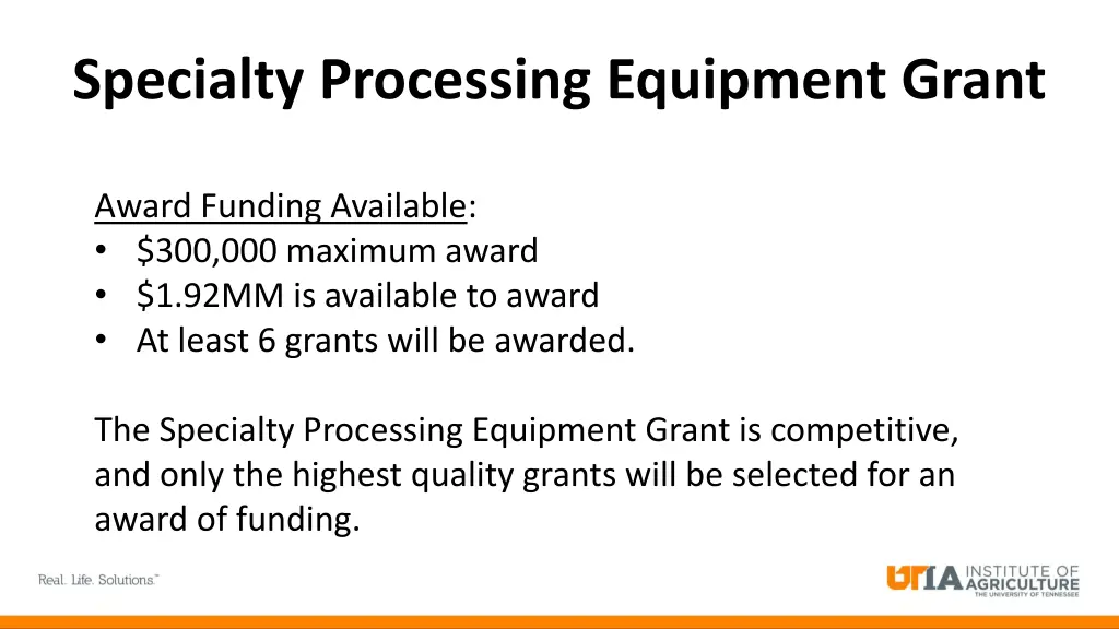 specialty processing equipment grant