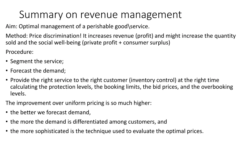 summary on revenue management aim optimal