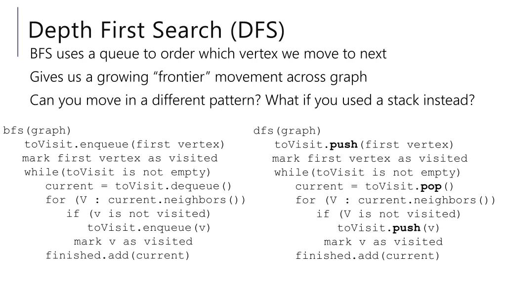 depth first search dfs bfs uses a queue to order