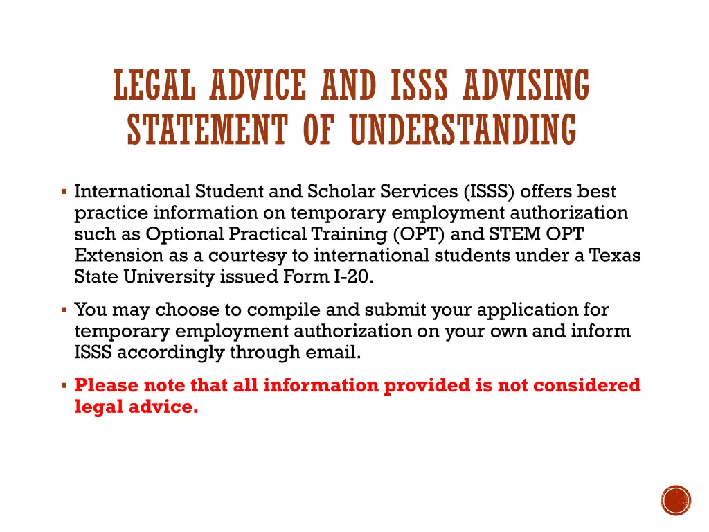 legal advice and isss advising statement