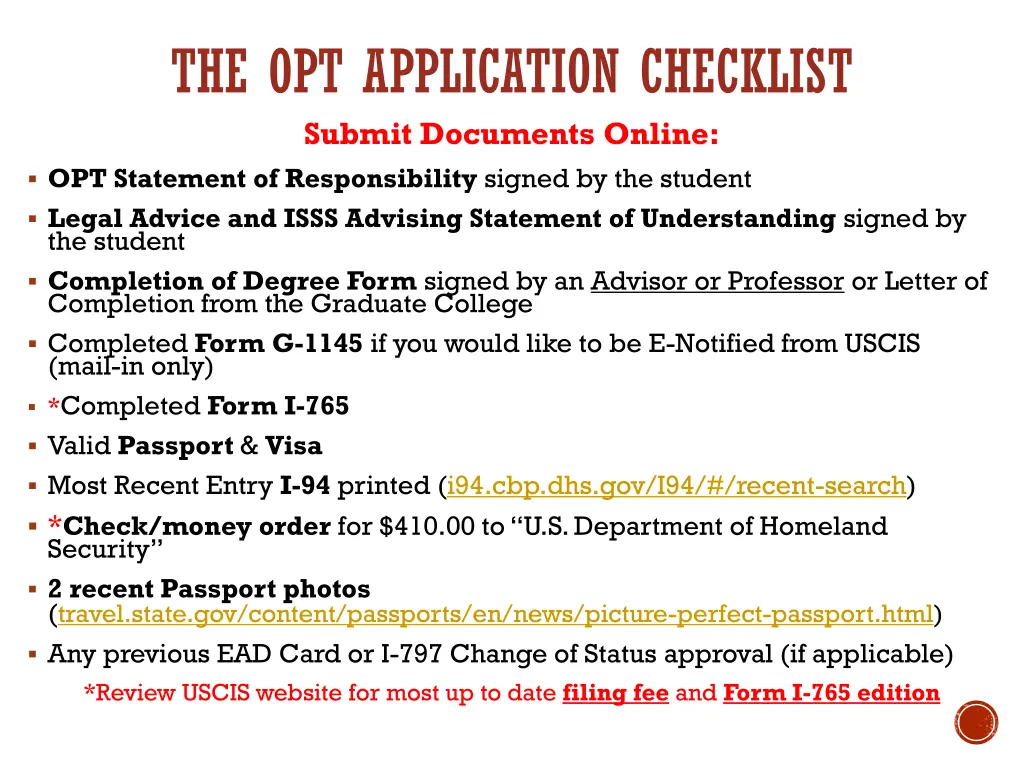 the opt application checklist submit documents