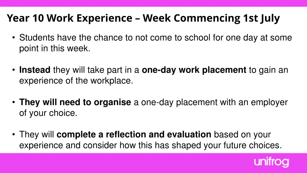 year 10 work experience week commencing 1st july