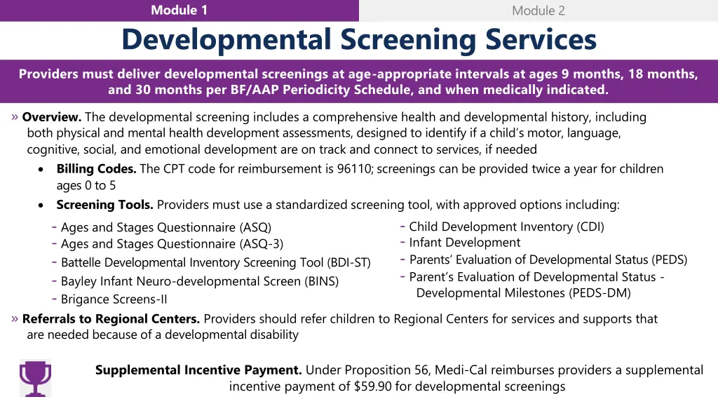 module 1 developmental screening services