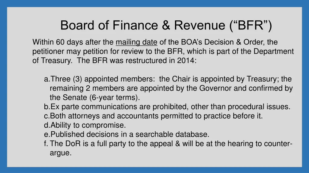 board of finance revenue bfr