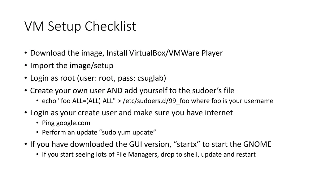 vm setup checklist