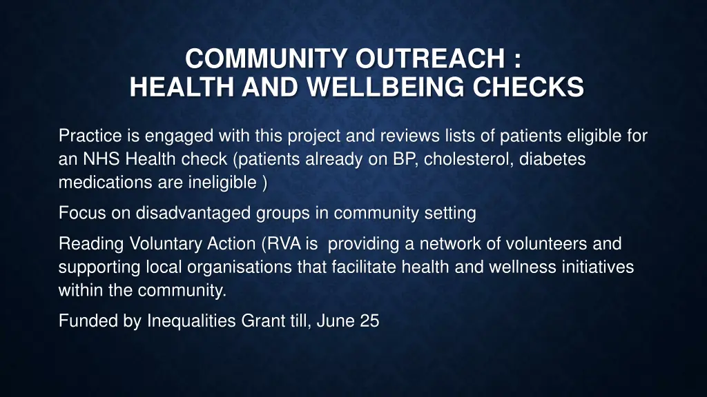 community outreach health and wellbeing checks