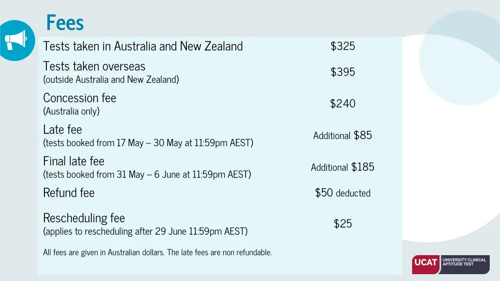 fees tests taken in australia and new zealand