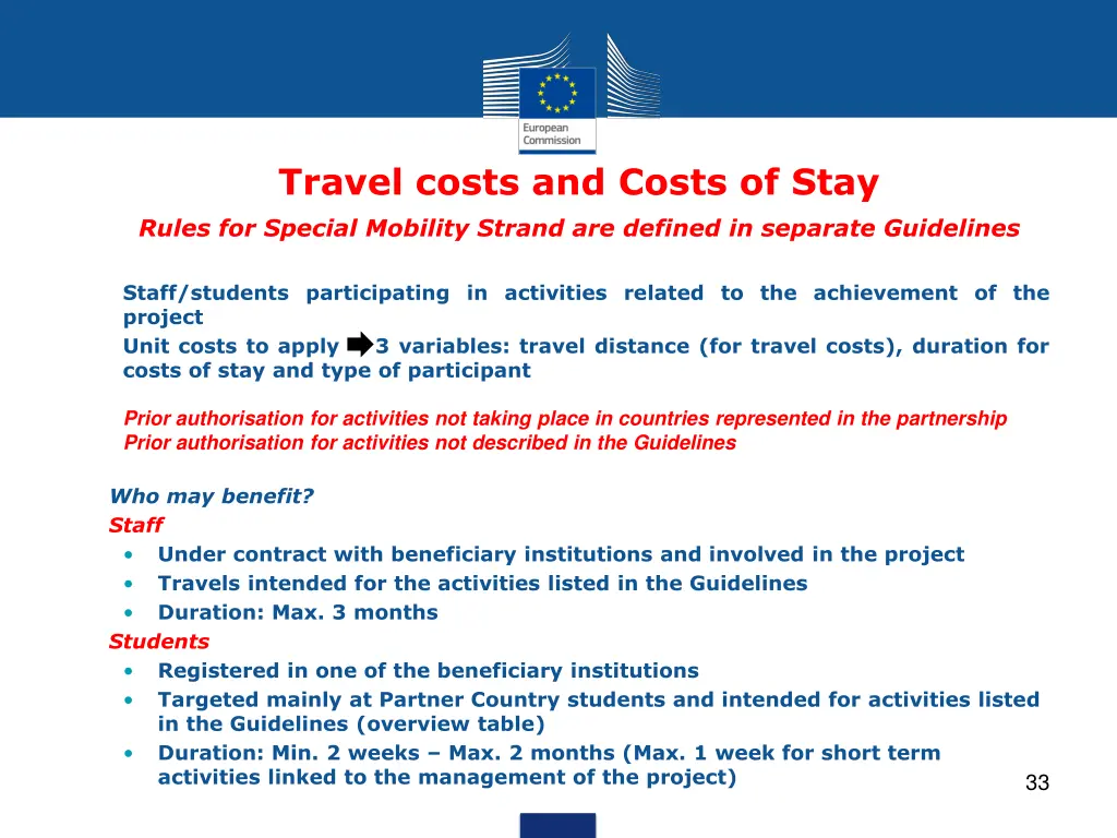 travel costs and costs of stay rules for special