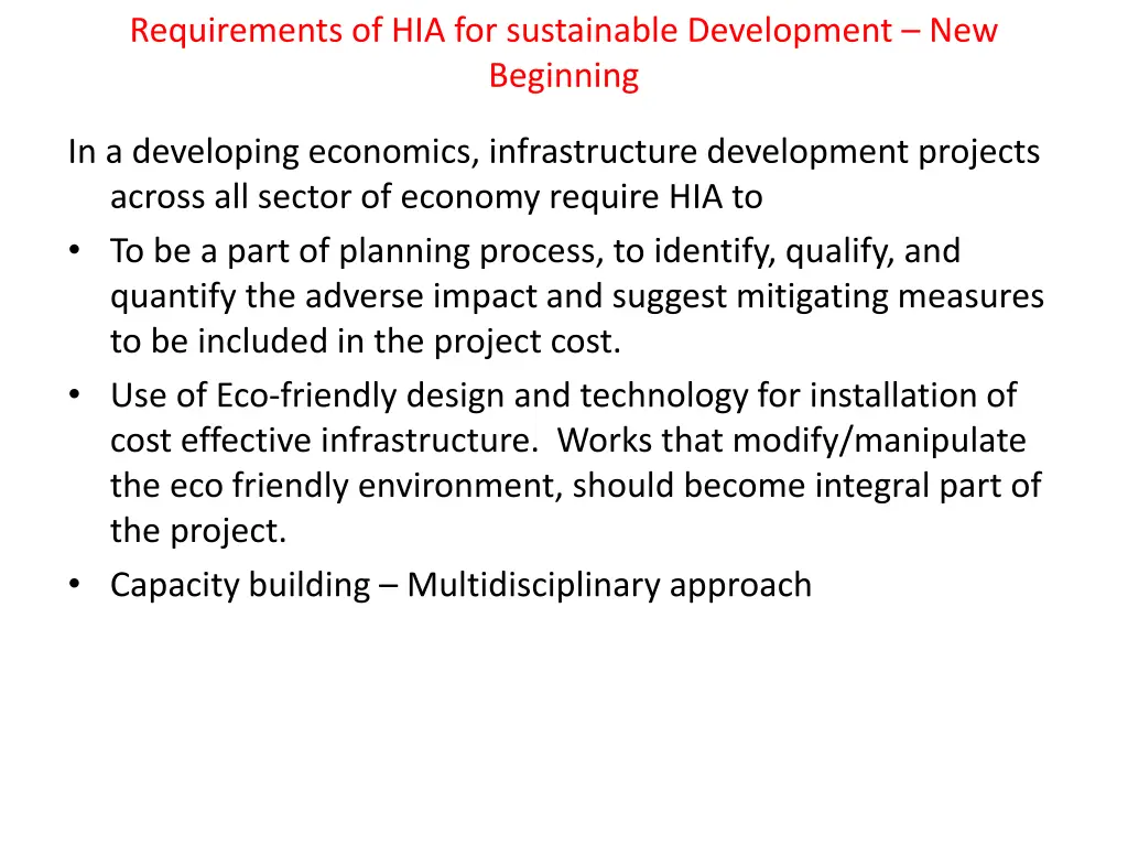 requirements of hia for sustainable development