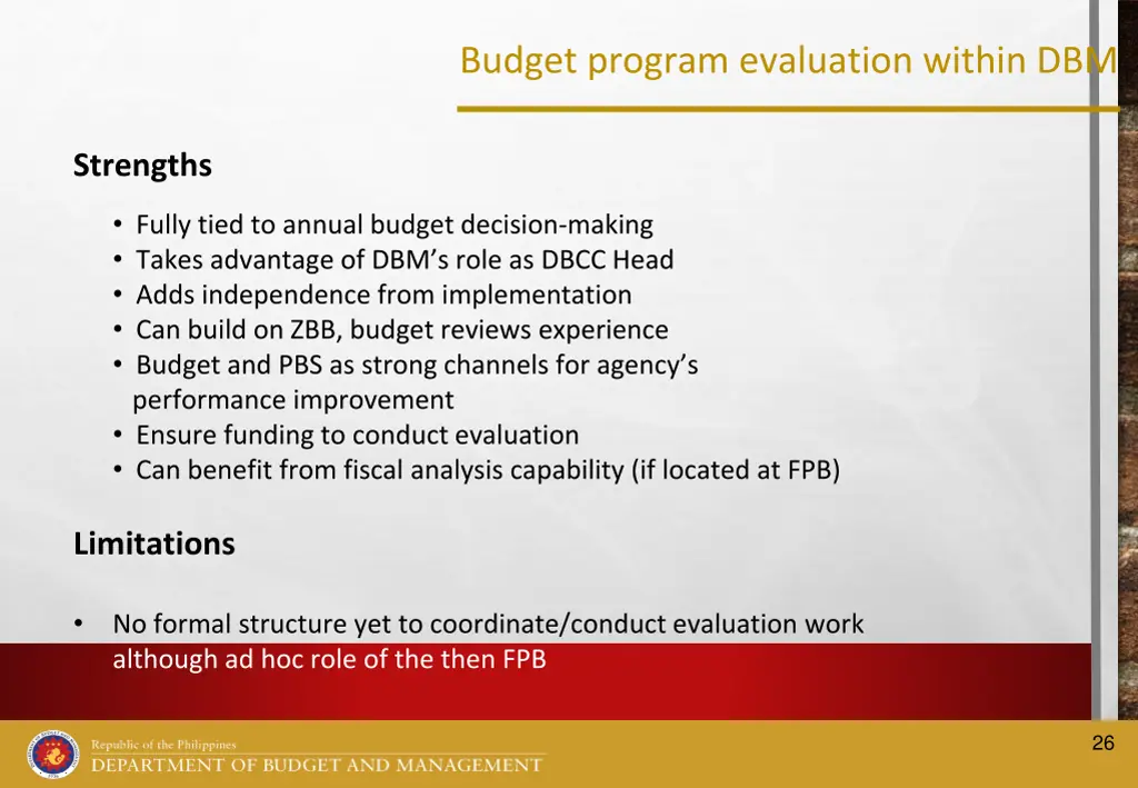 budget program evaluation within dbm